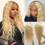 Deep Wave Human Hair Wigs Blonde 613 Frontal Lace Wig